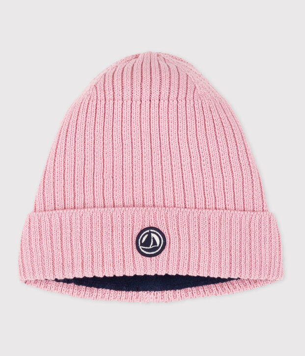 Gorro infantil de punto tricotado con forro polar rosa