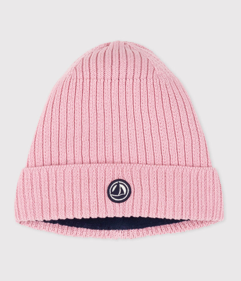 Gorro infantil de punto tricotado con forro polar rosa