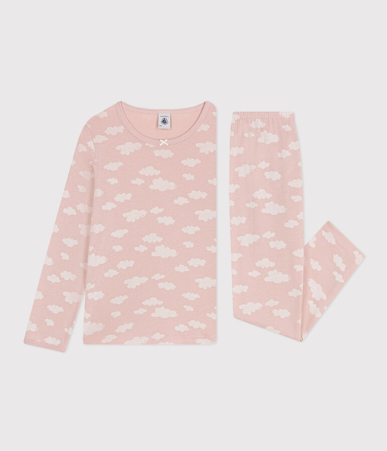Pijama infantil de algod&oacute;n con estampado de nubes rosa/blanco