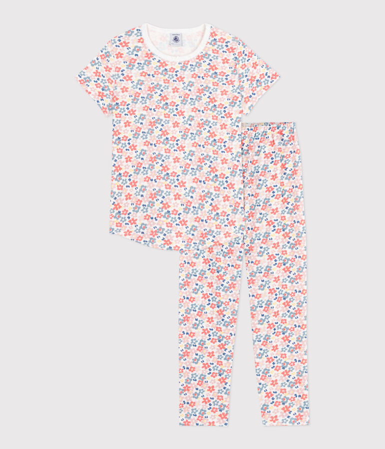 Pijama infantil de algod&oacute;n de manga corta y pierna larga con estampado blanco/multicolor