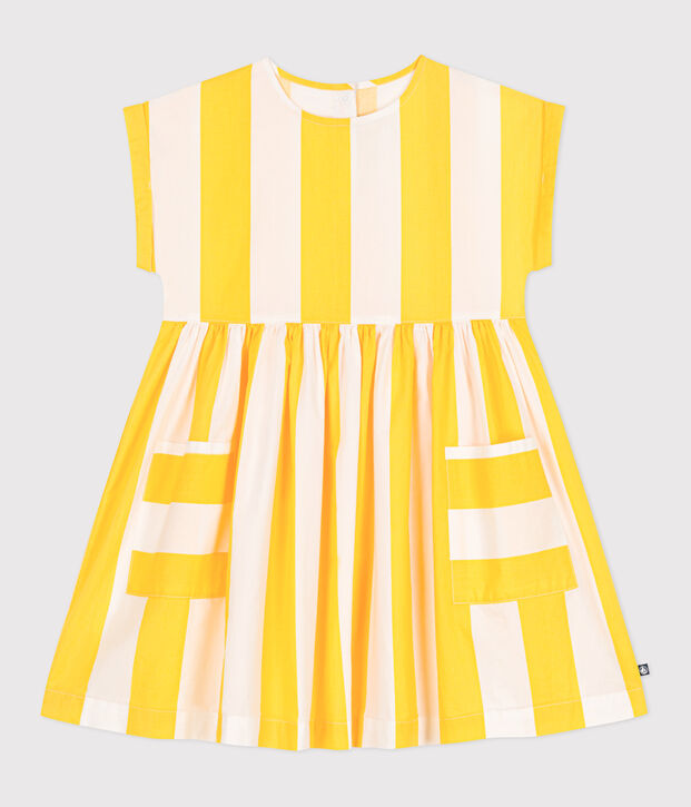 Vestido infantil de algod&oacute;n de manga corta a rayas blanco/amarillo