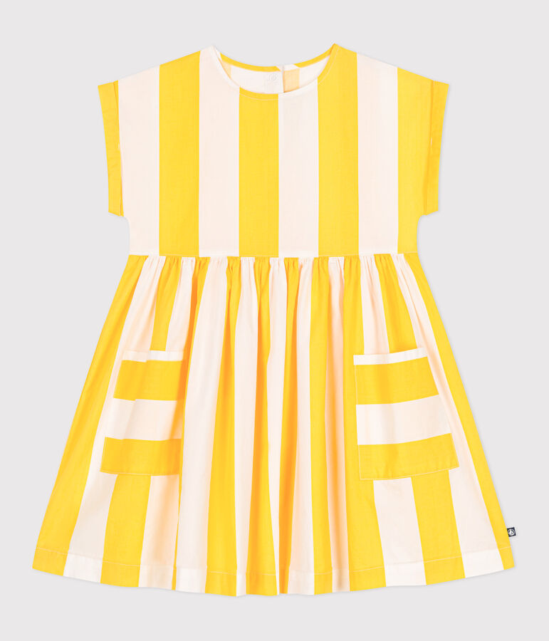 Vestido infantil de algod&oacute;n de manga corta a rayas blanco/amarillo