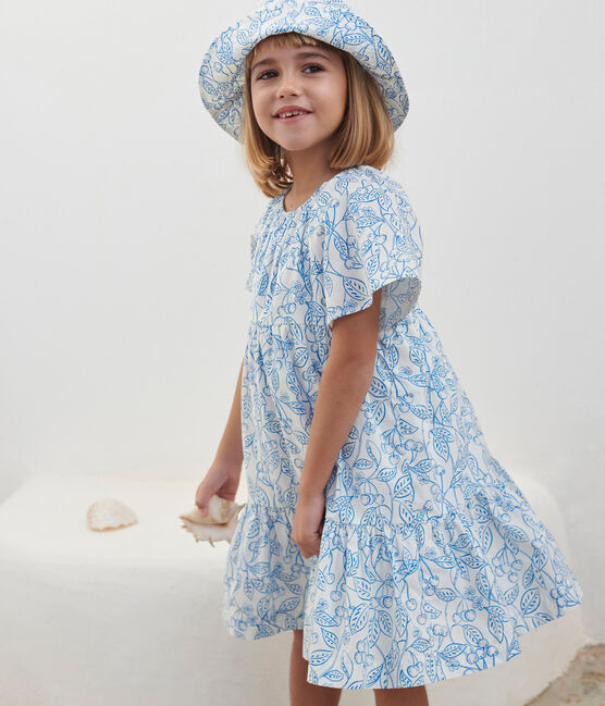 Vestido infantil de algodón estampado de manga corta azul MARSHMALLOW/ PORCELANA
