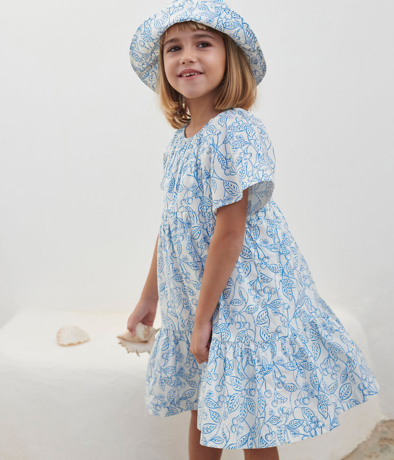 Vestido infantil de algod&oacute;n estampado de manga corta blanco/azul
