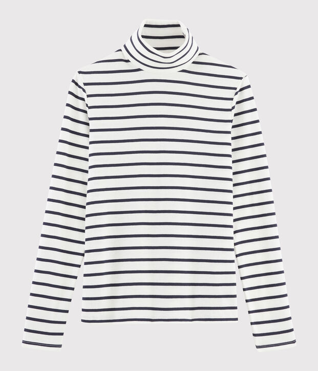 Camiseta de cuello alto emblem&aacute;tica de algod&oacute;n de rayas de mujer blanco/azul