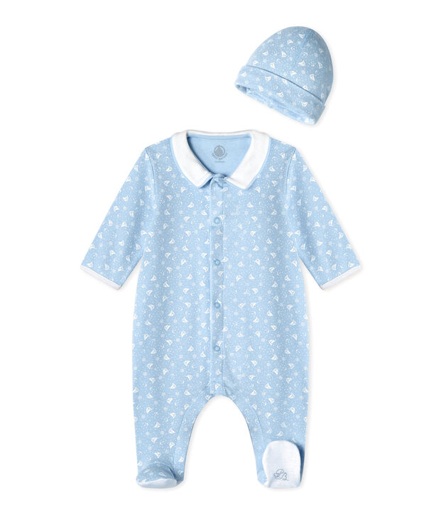 Pijama beb&eacute; y gorro de nacimiento azul/blanco