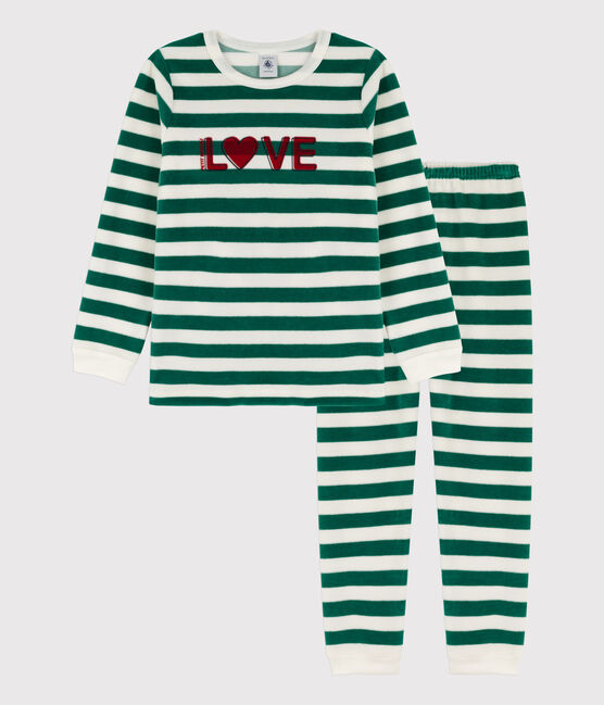 Pijama de terciopelo a rayas para niño/niña EVERGREEN/ MARSHMALLOW