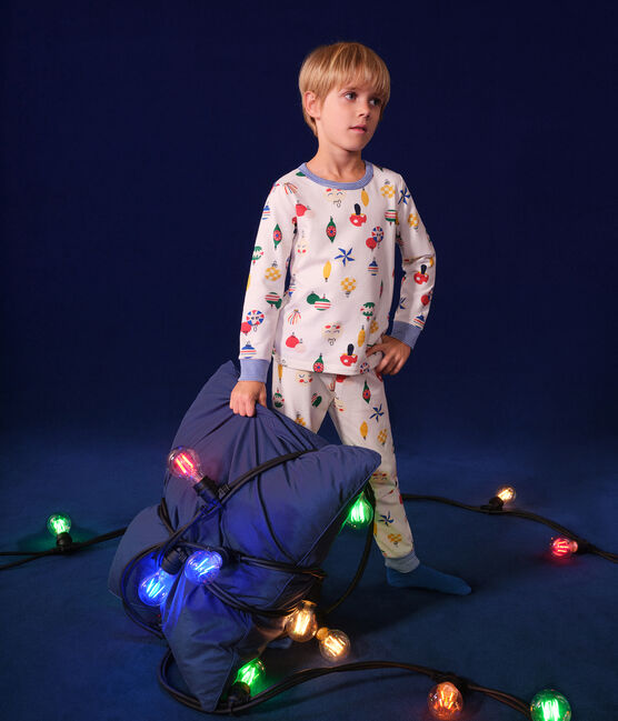 Pijama infantil de felpa cepillada con estampado de bolas de Navidad blanco MARSHMALLOW/blanco MULTICO