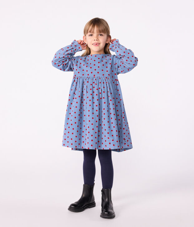 Vestido infantil estampado de pana de manga larga azul/multicolor