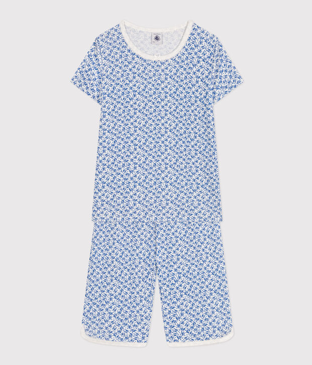 Pijama pirata infantil de algod&oacute;n con estampado de flor azul/azul