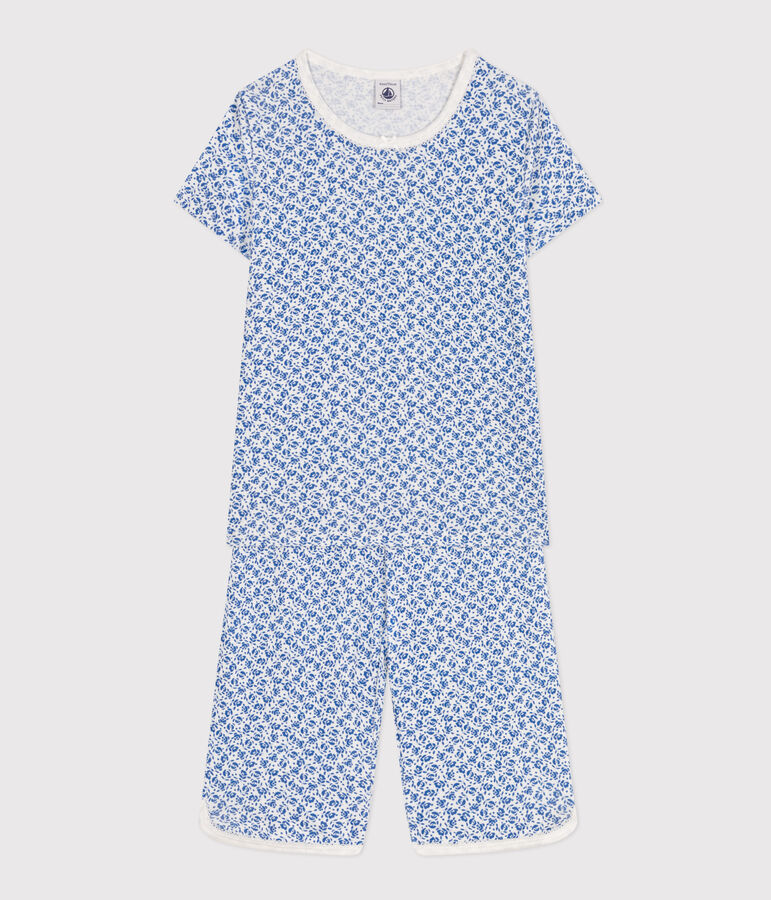 Pijama pirata infantil de algod&oacute;n con estampado de flor blanco/azul
