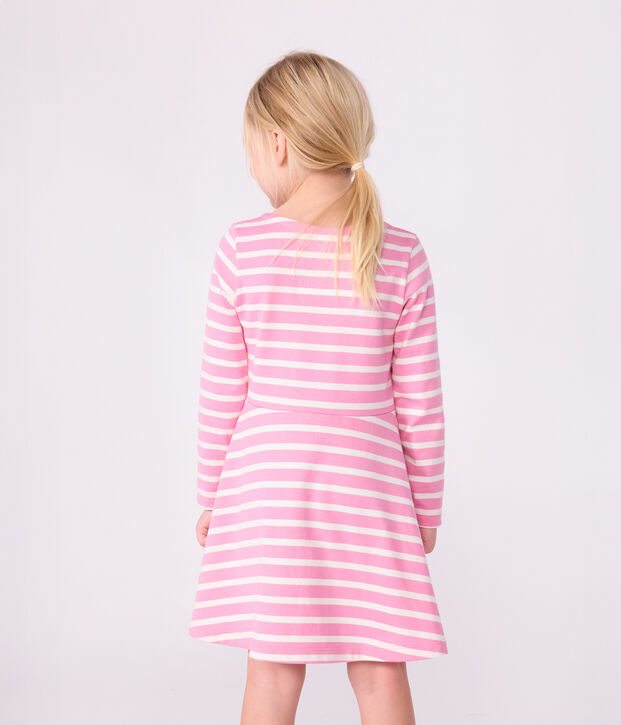 Vestido infantil de manga larga de algod&oacute;n rosa/crudo