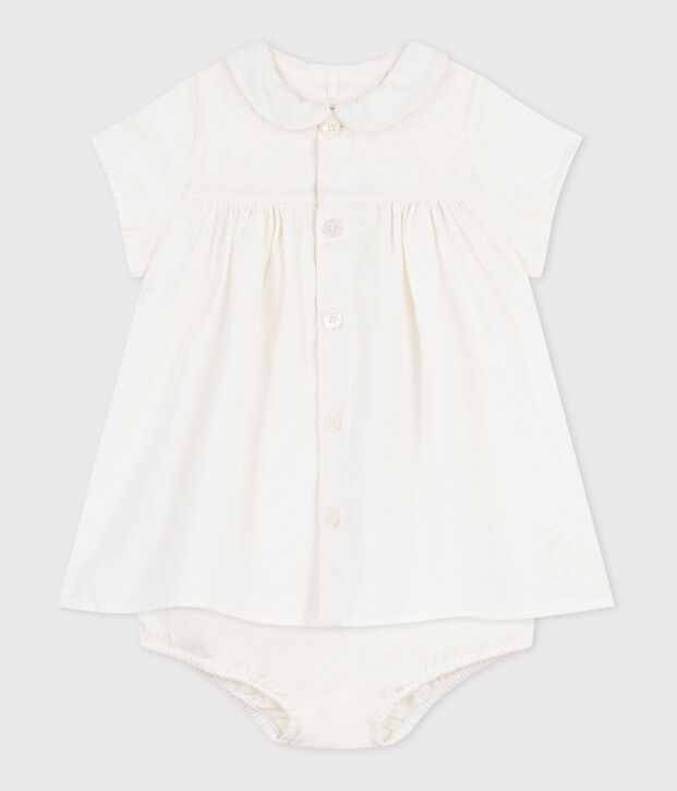 Vestido de algod&oacute;n/lino con pololo y detalle bordado para beb&eacute; blanco