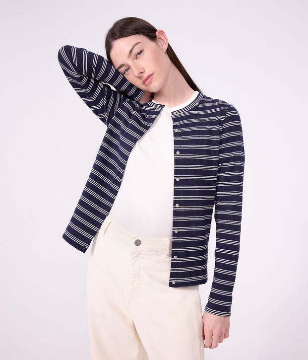 C&aacute;rdigan de algod&oacute;n a rayas para mujer azul/blanco