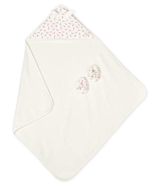 Estuche con toalla cuadrada de baño y patucos para bebé de rizo y punto. blanco MARSHMALLOW/rosa GROSEILLER