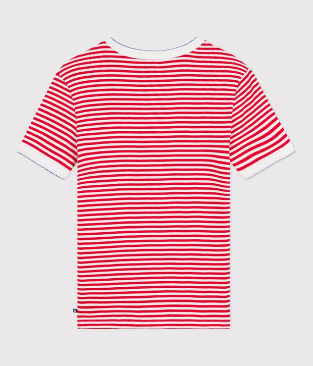 Camiseta de algod&oacute;n de manga corta a rayas para mujer rojo/blanco