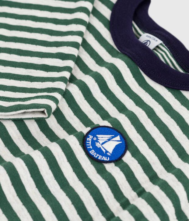Camiseta infantil de algod&oacute;n de manga larga a rayas verde/beige/verde
