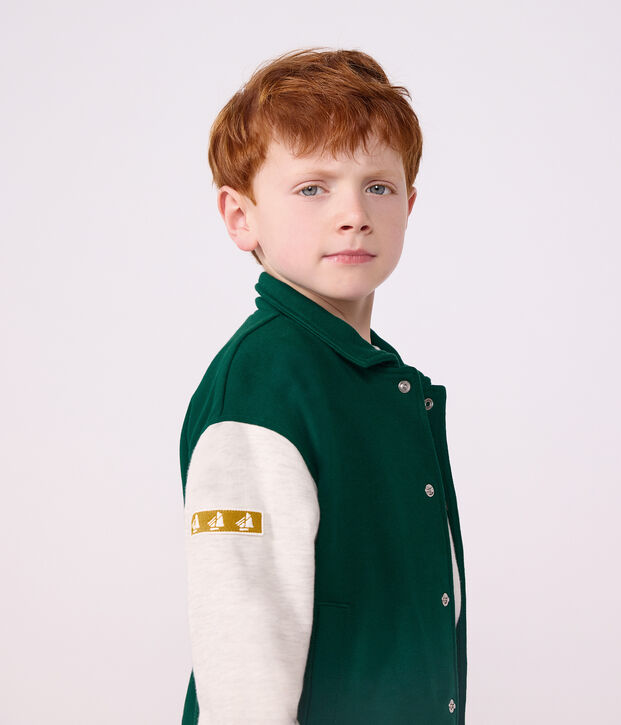 Chaqueta teddy infantil lisa colorblock de algod&oacute;n verde/beige