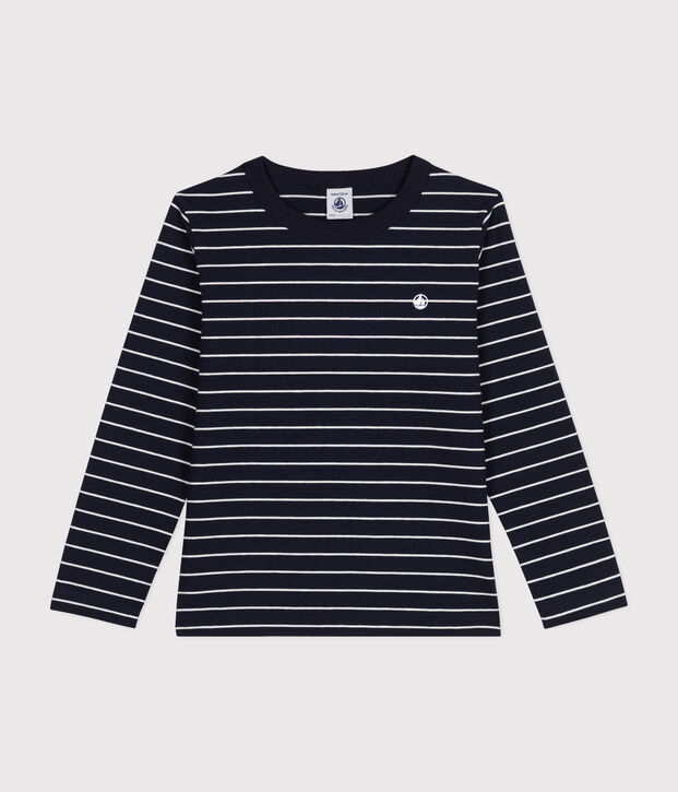Camiseta de algod&oacute;n de manga larga de ni&ntilde;o azul/blanco