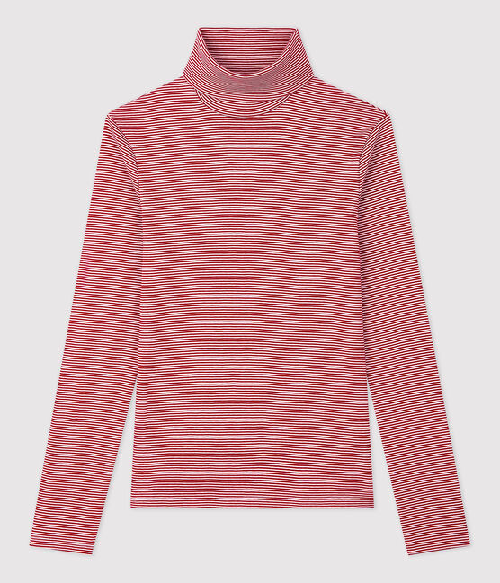 Camiseta de cuello alto emblemática de algodón de rayas de mujer rojo SANGRIA/ MARSHMALLOW
