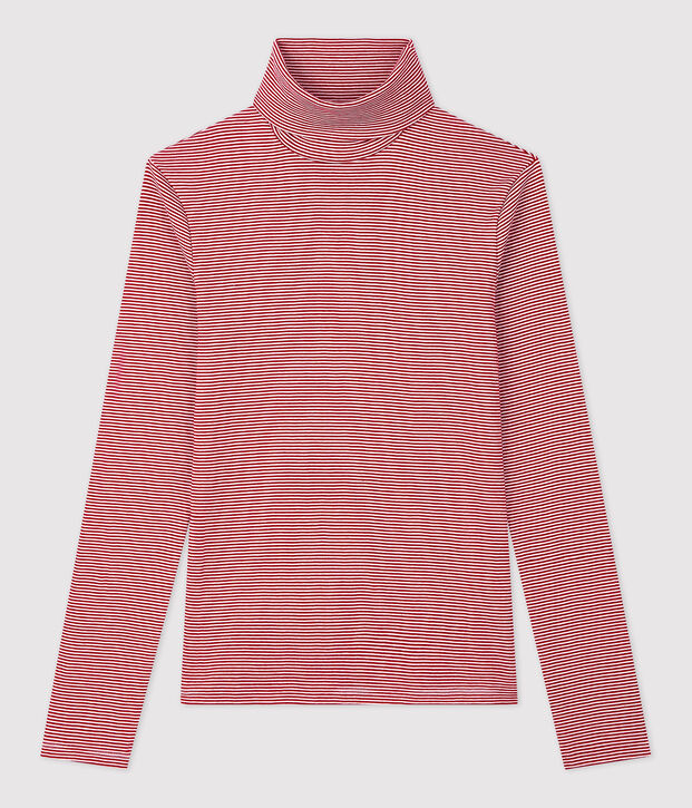 Camiseta de cuello alto emblem&aacute;tica de algod&oacute;n de rayas de mujer rojo/blanco