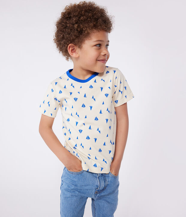 Camiseta infantil de manga corta de algod&oacute;n con estampado crudo/azul