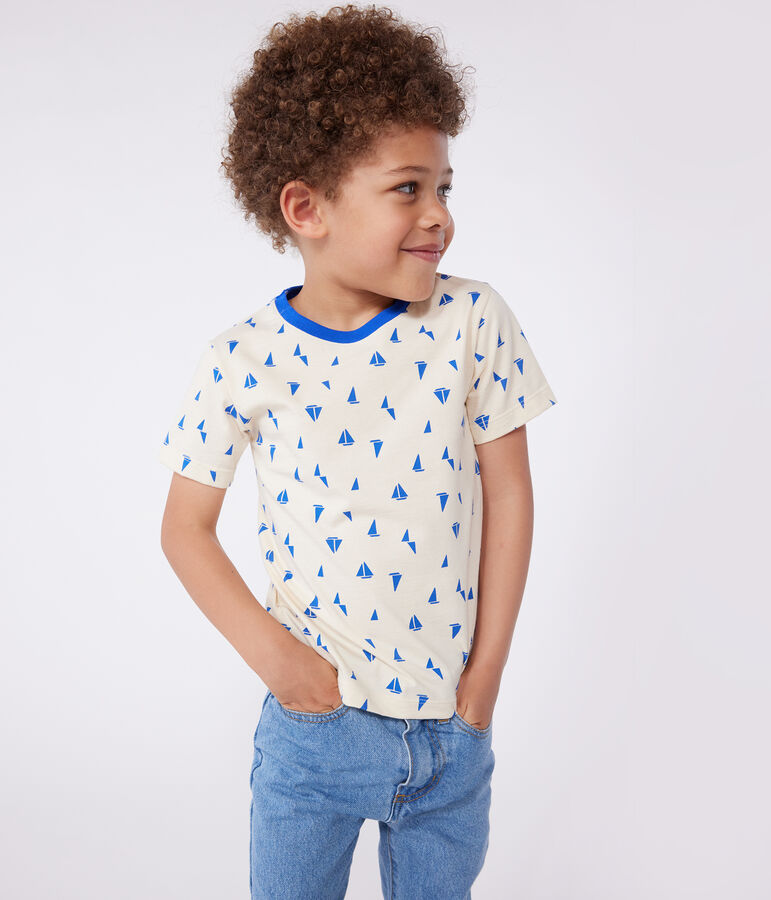 Camiseta infantil de manga corta de algod&oacute;n con estampado crudo/azul