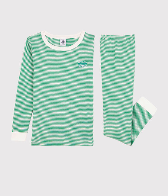 Pijama snugfit a rayas verdes de algodón orgánico de niño verde GAZON/blanco MARSHMALLOW