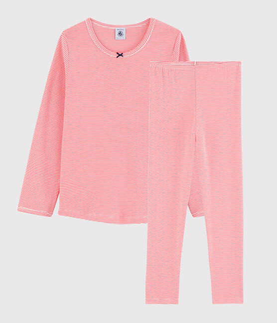 Pijama mil rayas de niña de algodón rosa PEACHY/blanco MARSHMALLOW