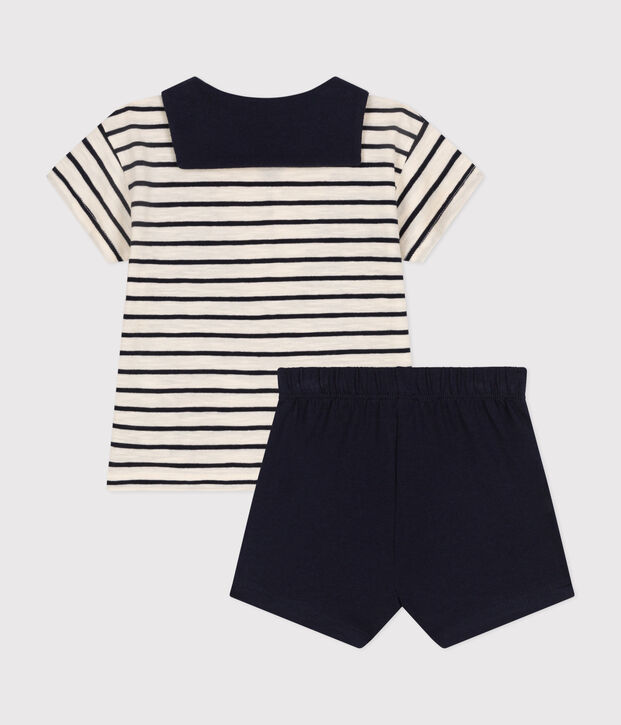 Conjunto de camiseta y pantal&oacute;n corto de punto para beb&eacute; crudo/azul