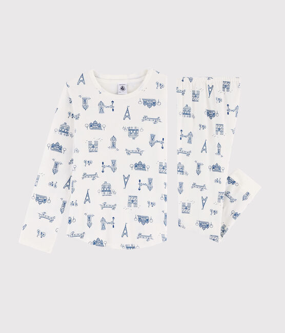 Pijama infantil de niño con estampado París de punto blanco MARSHMALLOW/azul MAJOR