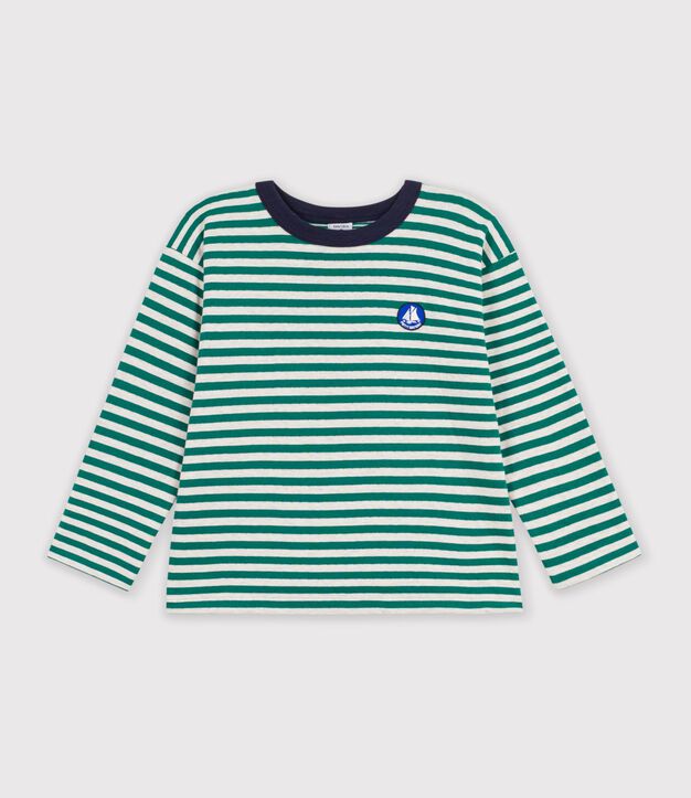 Camiseta infantil de manga larga a rayas verde/beige/verde