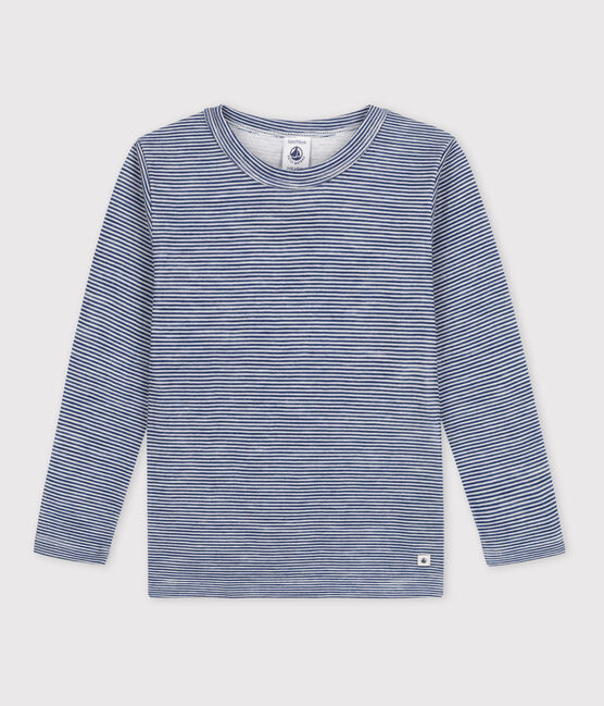 Camiseta de manga larga milrayas de niña/niño de lana y algodón azul MEDIEVAL/blanco MARSHMALLOW
