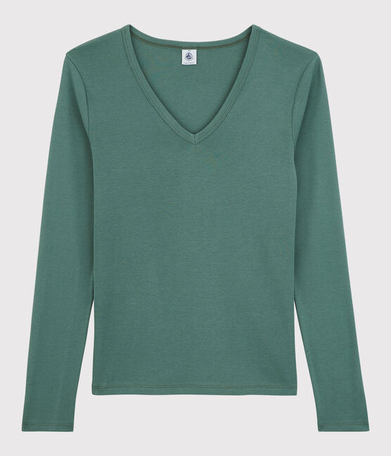 Camiseta de cuello de pico emblemática de algodón de mujer verde VALLEE