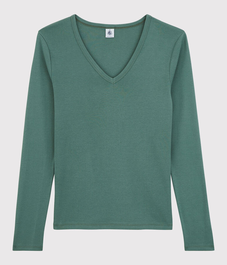 Camiseta de cuello de pico emblem&aacute;tica de algod&oacute;n de mujer verde