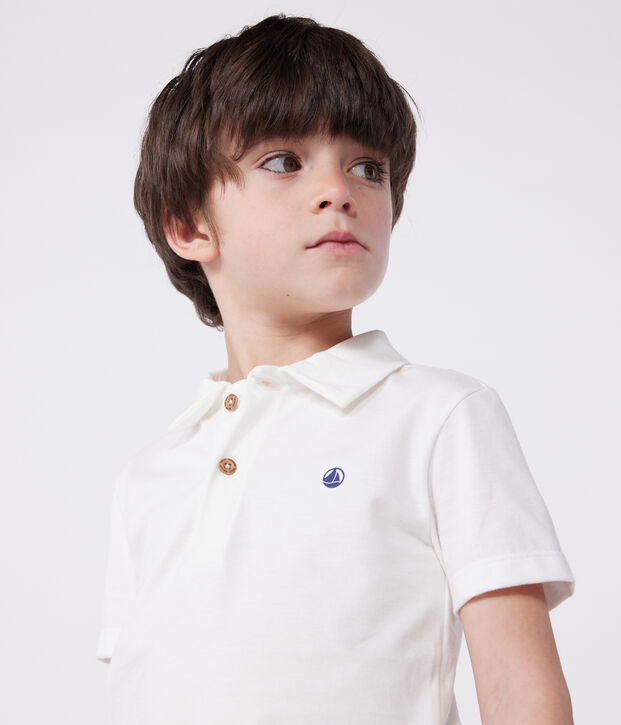 Polo infantil de algod&oacute;n liso de manga corta blanco