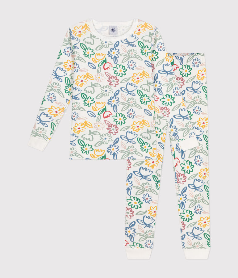 Pijama infantil ajustado de algod&oacute;n con estampado de flores blanco/multicolor