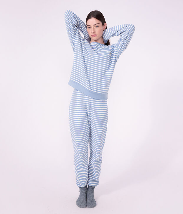 Pijama de rizo de algod&oacute;n a rayas para mujer azul/crudo