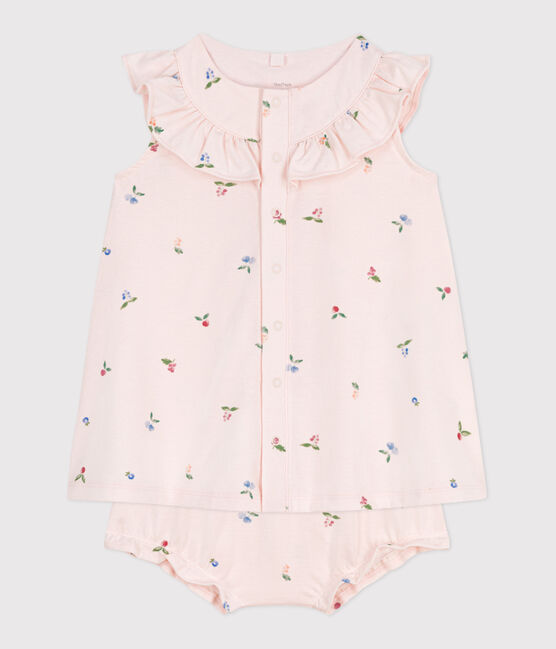 Vestido de algodón de manga corta y pololo con estampado de frutas para bebé rosa FLEUR/blanco MULTICO