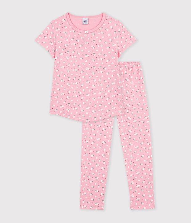 Pijama infantil de algod&oacute;n de manga corta y pierna larga con estampado rosa/multicolor
