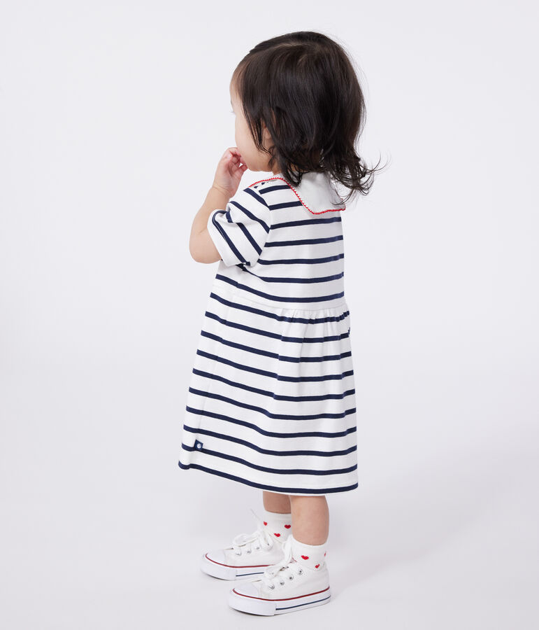 Vestido marinero de algod&oacute;n con manga corta y cuello de uniforme para beb&eacute; blanco/azul