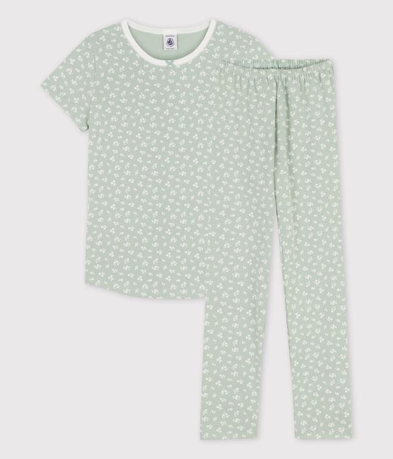 Pijama de manga corta floral de algodón de niña verde HERBIER/ MARSHMALLOW