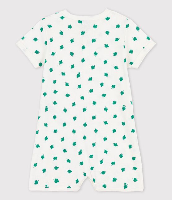 Pelele corto con estampado vegetal de lino y algodón de bebé blanco MARSHMALLOW/verde GAZON