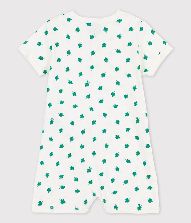 Pelele corto con estampado vegetal de lino y algod&oacute;n de beb&eacute; blanco/verde