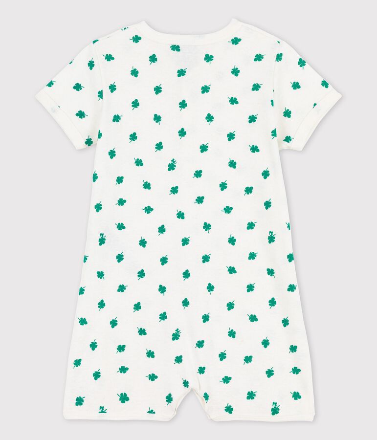 Pelele corto con estampado vegetal de lino y algod&oacute;n de beb&eacute; blanco/verde