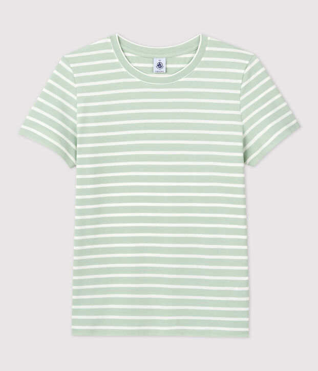 Camiseta RECTA con cuello redondo de algod&oacute;n org&aacute;nico de mujer verde/blanco