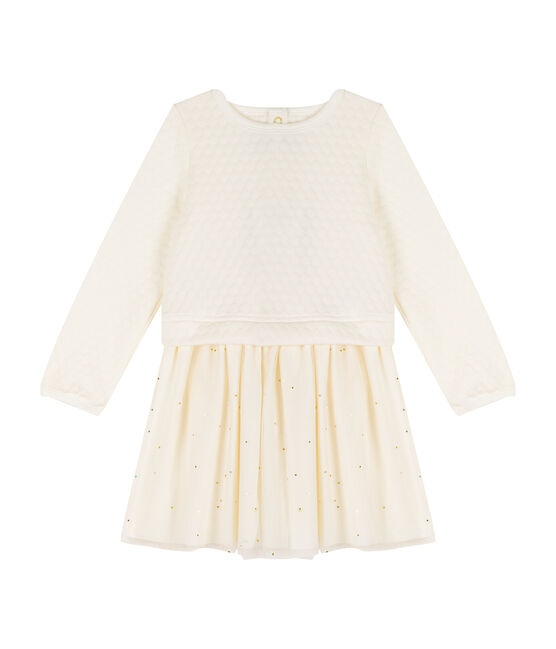 Vestido infantil bimaterial para niña blanco MARSHMALLOW