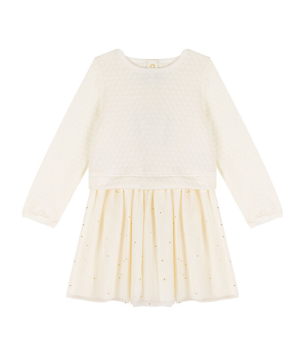 Vestido infantil bimaterial para ni&ntilde;a blanco