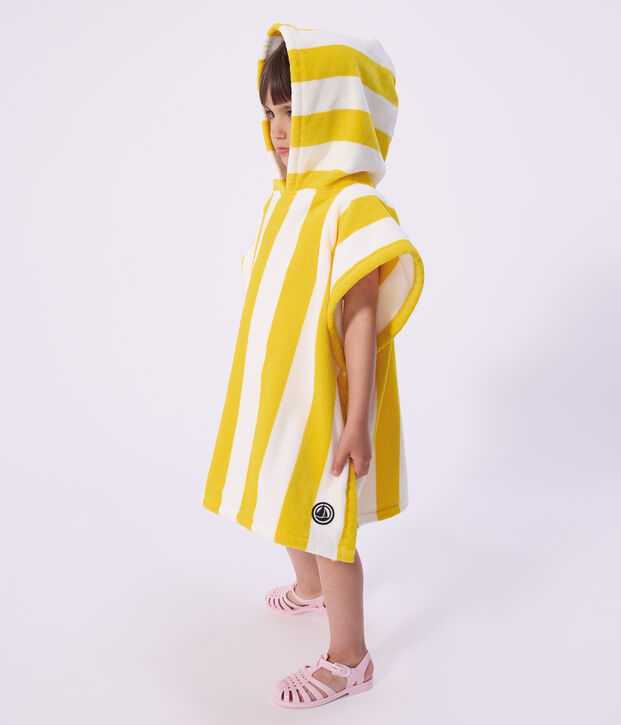 Poncho de ba&ntilde;o infantil de rizo de algod&oacute;n a rayas amarillo/blanco