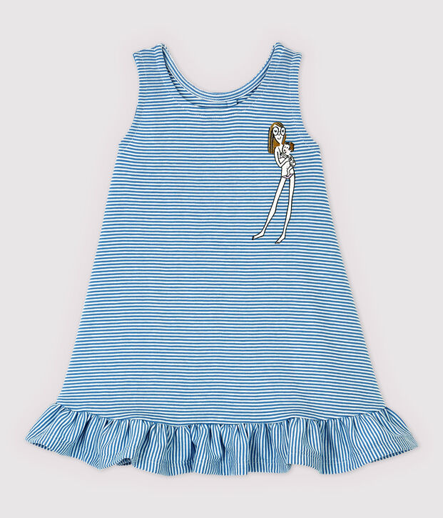 Vestido de algod&oacute;n org&aacute;nico de beb&eacute;. azul/blanco